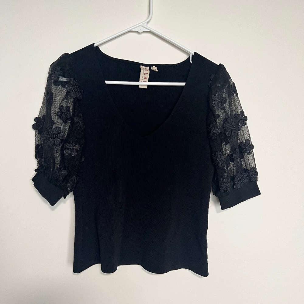 Anthropologie Dolan Black Ribbed Puff Short Sleeve Blouse petite small